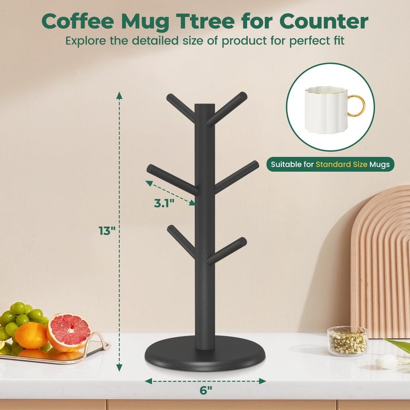 EsLuker.ly Mug Holder Tree, Bamboo Coffee Cup Display Rack with 6 Hooks for Home Kitchen Counter, Wood Mug Stand Station Organizer, Black, A Must-Have for Coffee Lover - Image 2